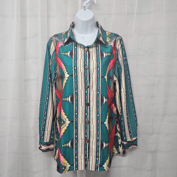 MISSLOOK | Tops | Misslook Teal Red Aztec Button Down Blouse Western ...